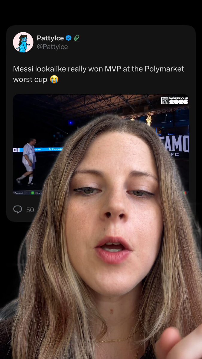 The image features a woman with long blonde hair, who appears to be a soccer player or athlete. She is wearing a black shirt and has her finger pointing towards something off-camera. The caption of the image reads "Messi lookalike wins the MVP at the Polymarket worst cup Ronaldo could never". This statement suggests that the woman is making a joke about the situation, possibly referring to a soccer match or event where the woman's team lost to another team with a player named Ronaldo.