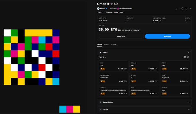 An NFT listing page for 'Credit #11469' priced at 35.00 ETH, showing pixel art on the left and trade details including offers and payment details on the right.
