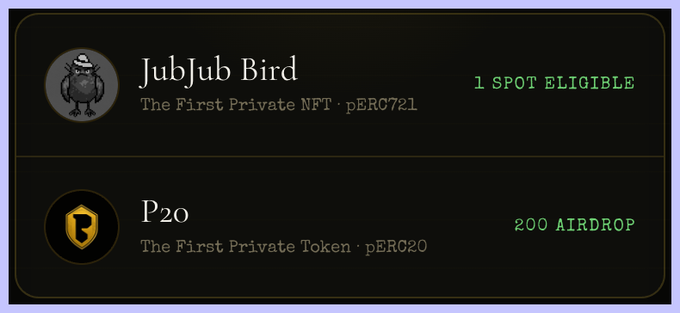 A dark token/NFT-style panel lists “JubJub Bird” with “The First Private NFT · pERC721” and “1 SPOT ELIGIBLE,” plus “P₂O” with “The First Private Token · pERC20” and “200 AIRDROP.”
