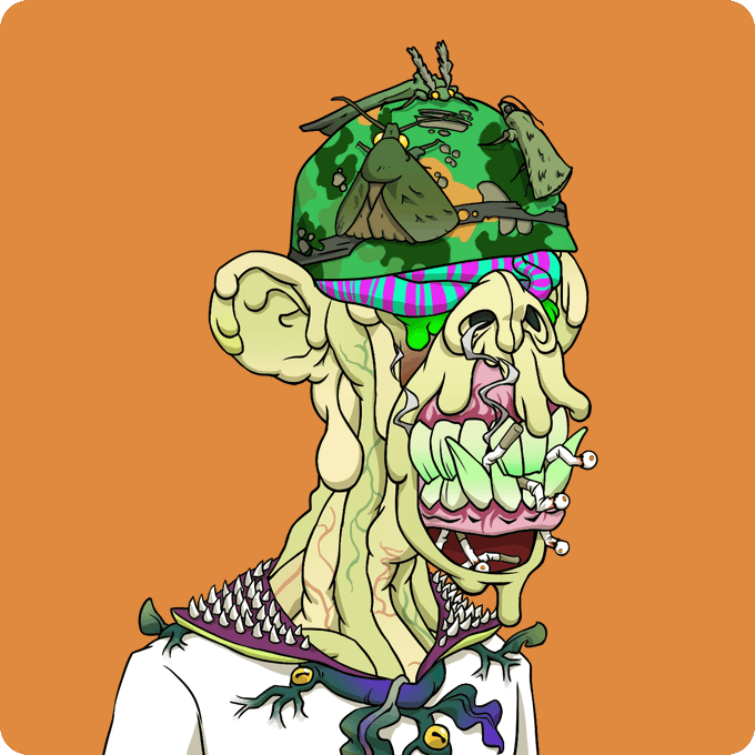 A grotesque cartoon ape with a melting, elongated face, multiple bulging eyes, and sharp teeth wears a camouflage helmet covered in flies and debris, set against an orange background.