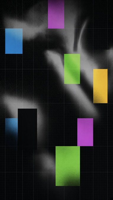 an abstract digital artwork features a blurred grayscale hand reaching across a grid background, overlaid with colorful rectangular blocks in blue, purple, green, yellow, and black.