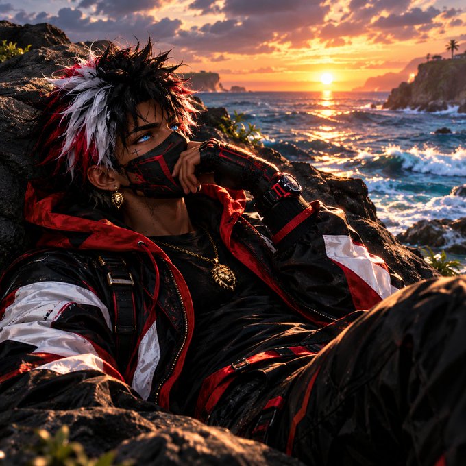 An anime-style illustration depicts a character with spiky black, white, and red hair wearing a red and black mask and a striking jacket, leaning against coastal rocks at sunset.