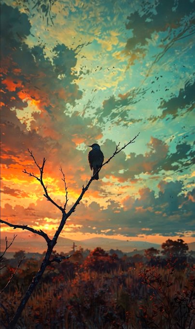 An artistic illustration of a bird perched on a bare branch silhouetted against a vibrant sunset sky.