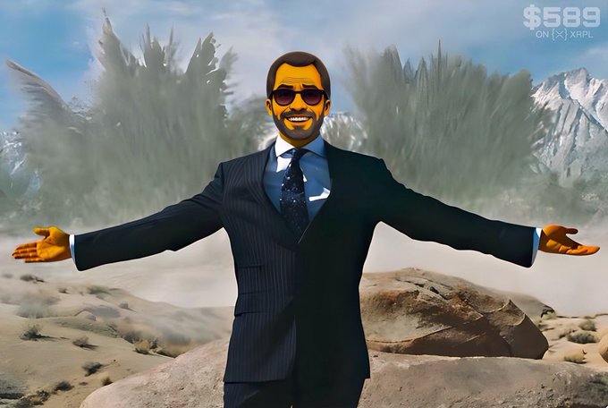 A stylized illustration of a man in a pinstripe suit and sunglasses stands triumphantly with arms outstretched against a desert landscape with snowy mountains, while "$589 ON [X] XRPL" is displayed in the top right corner—visually celebrating the long-awaited milestone of an actual token being attached to XRP's famous price target after years of anticipation.