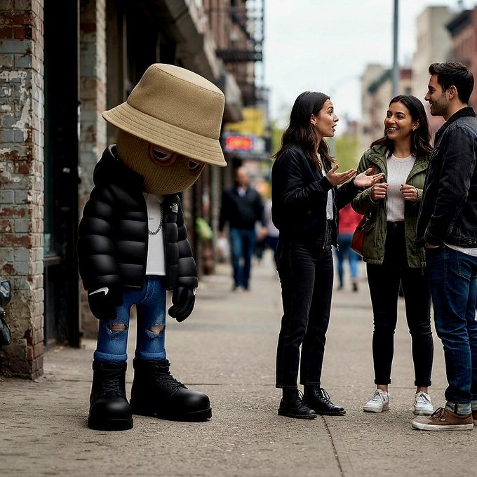 A street scene showing a stylized character with a bucket hat and puffer jacket standing on a sidewalk while three people chat nearby on a city street.