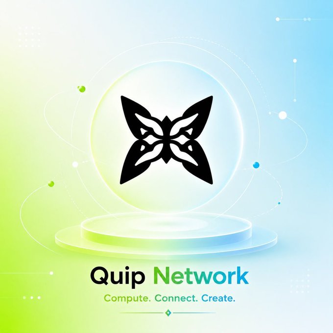 A promotional graphic for Quip Network with a butterfly-like logo, featuring the tagline 'Compute. Connect. Create.' on a gradient background.