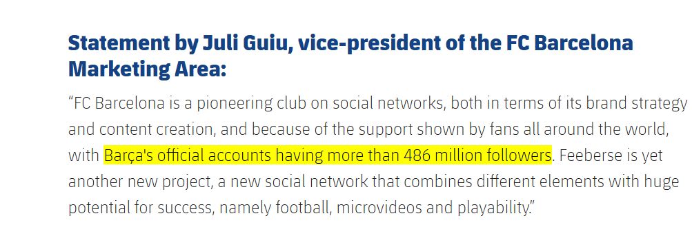 A statement attributed to Juli Guiu, vice-president of the FC Barcelona Marketing Area, highlighting that Barça's official accounts have more than 486 million followers (highlighted in yellow).