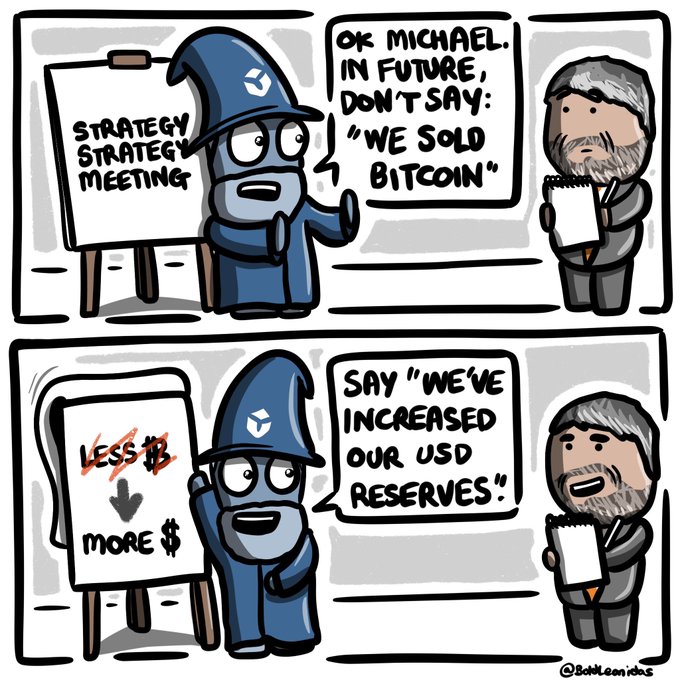 The cartoon shows a wizard character (representing Strategy/MicroStrategy) lecturing a bearded man (Michael Saylor) during a "Strategy Meeting," instructing him to avoid saying "we sold Bitcoin" and instead phrase it as "we've increased our USD reserves," with a flip chart showing "less ₿ → more $." This satirizes how the company reframes selling Bitcoin as expanding cash reserves, reflecting the post's announcement that Strategy increased its USD Reserve by $250M and now holds ₿842,138 in Bitcoin alongside $4.0B in USD reserves.