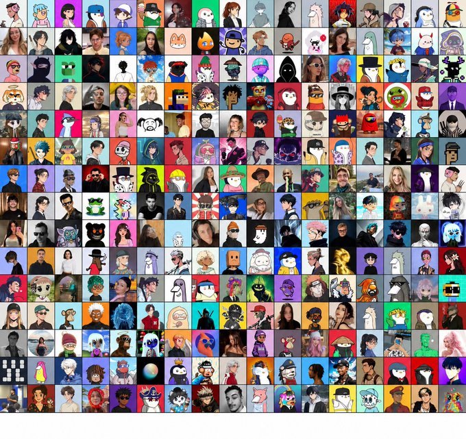 A grid of numerous diverse avatar profile pictures displayed in a mosaic format, featuring various cartoon characters, illustrations, and real-life people in different styles and colors.