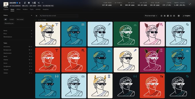 A screenshot of an NFT marketplace showing the 'Akaris' collection by '51 WALLHASHES' with various stylized digital art pieces featuring classical busts wearing sunglasses against colored backgrounds.