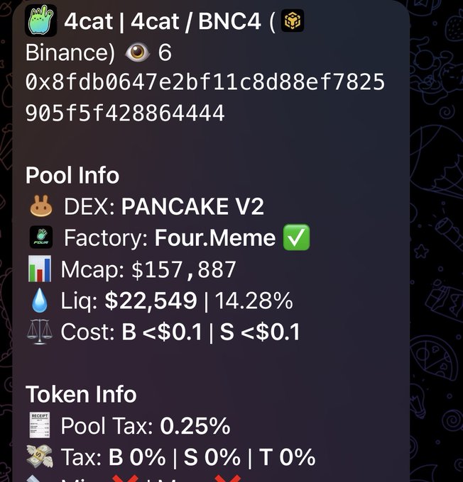A cryptocurrency token info card for "4cat | 4cat / BNC4" on Pancake V2 DEX via Four.Meme factory, showing a market cap of $157,887, liquidity of $22,549, and 0% taxes.
