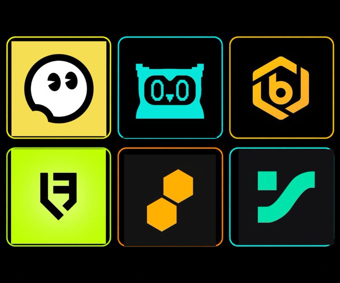 Six colorful cryptocurrency exchange and DeFi platform logos arranged in a grid, including recognizable icons for tokens, NFTs, and blockchain networks.