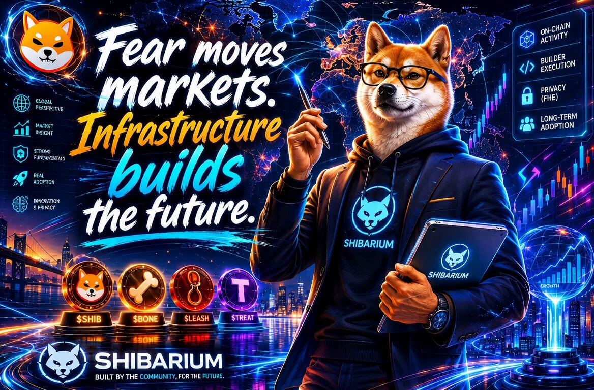 The image features a man dressed as a Shiba Inu, holding a book and standing against a blue background with neon lights. The text "Fear moves markets. Infrastructure builds the future." is displayed above him, which suggests that he might be promoting an investment platform or cryptocurrency called Shibarium. The post emphasizes the importance of staying focused on signals rather than noise in the market, as it relates to the Shiba Inu character's role in the image.