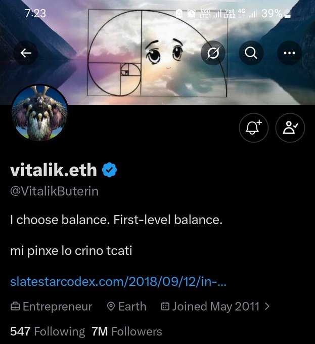 The image shows Vitalik Buterin's verified X (Twitter) profile (@VitalikButerin / vitalik.eth) with a bio that reads "I choose balance. First-level balance. mi pinxe lo crino tcati," referencing his philosophical approach. The post questions how fans would react if Buterin deleted his account and abandoned $ETH, highlighting the irony given his "balance" philosophy and the crypto community's heavy reliance on his social media presence.