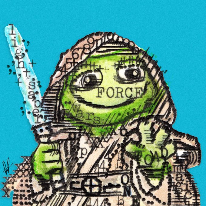 A stylized mixed-media illustration of a green hooded figure with the word "FORCE" written across its face, overlaid with newspaper text and numbers on a bright turquoise background; text reads "light saber".