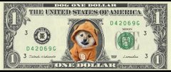 A modified $1 U.S. bill features a Shiba Inu dog (Doge meme) photoshopped in the center, replacing George Washington's portrait, with the original serial numbers "D42069C" and "3" still visible—used to hype the "DOG ARMY" crypto community referenced in the caption.