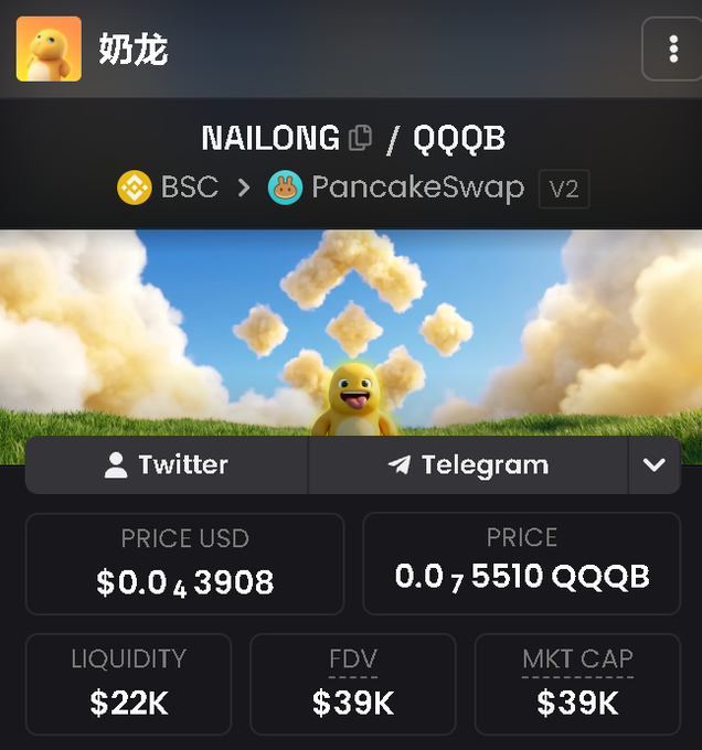A cryptocurrency token page showing NAILONG / QQQB on PancakeSwap V2 (BSC), priced at $0.043908 USD with $22K liquidity and $39K market cap.