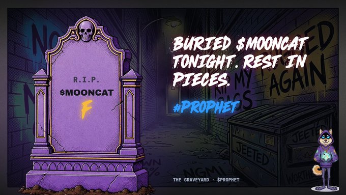 A purple tombstone marked "R.I.P. $MOONCAT" sits in a dark graveyard alongside a coffin labeled "JEETED," with text reading "Buried $MOONCAT tonight. Rest in pieces. #PROPHET" and a cartoon dog character from @ProphetTheDog standing on the right. The image visually represents the post's playful concept of giving failed crypto investments like $MOONCAT a proper "funeral" in the Graveyard platform.