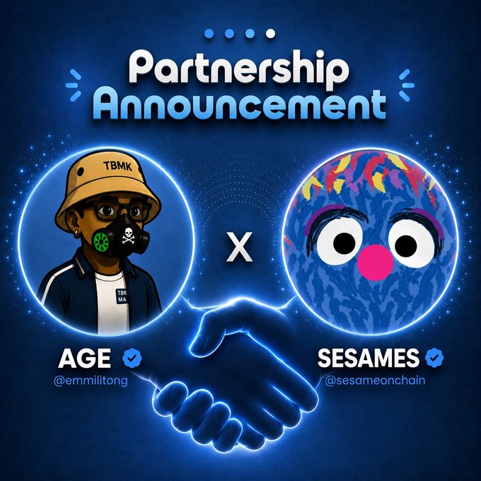 A partnership announcement graphic featuring two illustrated characters—"AGE (@emmil1ong)" on the left wearing a TBMK bucket hat and skull mask, and "SESAMES (@sesameonchain)" on the right as a blue googly-eyed creature—joined by a glowing handshake against a dark blue cosmic background, visually representing the collaboration and community allocation highlighted in the post.