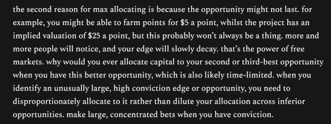 The image displays an investment philosophy advocating maximum capital allocation to high-conviction opportunities, using an example where one could farm points for $5/point on a project with an implied $25/point valuation, arguing that edges decay over time in free markets.

This relates to the post's central thesis about deploying concentrated capital ("going all in") when you have a hot hand or asymmetric edge in crypto, rather than diluting funds across weaker ideas—reinforcing the message to act decisively when conviction is high.