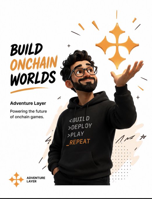 A promotional graphic for 'Adventure Layer' featuring a 3D-rendered cartoon man with glasses and a beard wearing a hoodie that says '<BUILD >DEPLOY >PLAY _REPEAT', alongside the text 'BUILD ONCHAIN WORLDS' and 'Adventure Layer: Powering the future of onchain games.'