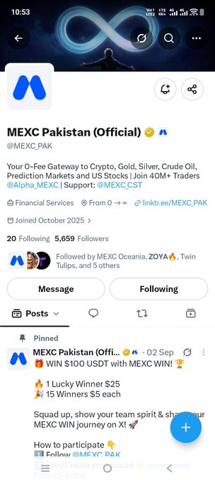 A Twitter/X profile for "MEXC Pakistan (Official)" @MEXC_PAK shows 20 Following, 5,659 Followers, and describes itself as a "0-Fee Gateway to Crypto, Gold, Silver, Crude Oil, Prediction Markets and US Stocks," with a pinned post announcing "WIN $100 USDT with MEXC WIN!"