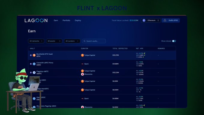 The image features an account dashboard from a cryptocurrency trading platform called Lagoon. The dashboard displays a detailed view of various cryptocurrencies, such as Bitcoin and Ethereum, along with information about their total amount. There are also options for investing in real estate-backed opportunities, which can be accessed through the platform's vault feature. Additionally, a person wearing a Santa hat is sitting at the desk on the left side of the image, using an open laptop computer to interact with the Lagoon trading system.