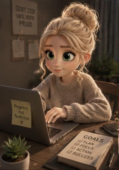A 3D-rendered animated-style girl with a messy bun sits at a desk working on a laptop; visible text includes 'DON'T STOP UNTIL YOU'RE PROUD', 'Progress not Perfection ♥', and a goals checklist with 'PLAN', 'FOCUS', 'ACTION', 'SUCCESS' checked off.