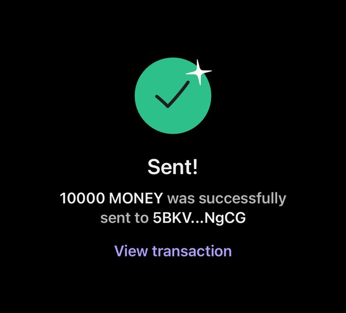 A confirmation screen showing "Sent!" with a green checkmark, indicating that 10000 MONEY was successfully sent to address 5BKV...NgCG, illustrating the airdrop mentioned in the post.