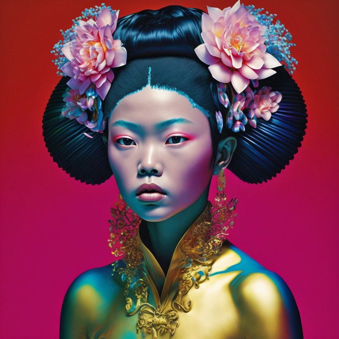 A vibrant, high-fashion digital portrait of a woman with elaborate floral hair accessories, gold ornamental clothing, and dramatic makeup against a red background.