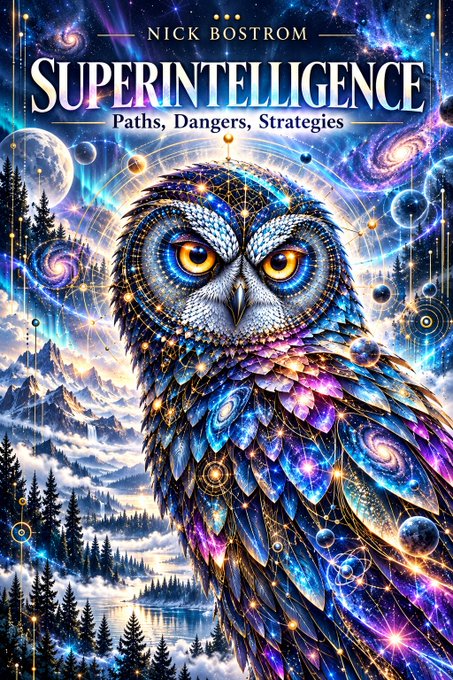 Book cover for 'Superintelligence: Paths, Dangers, Strategies' by Nick Bostrom, featuring a colorful cosmic owl with galaxy-patterned feathers against a starry sky.