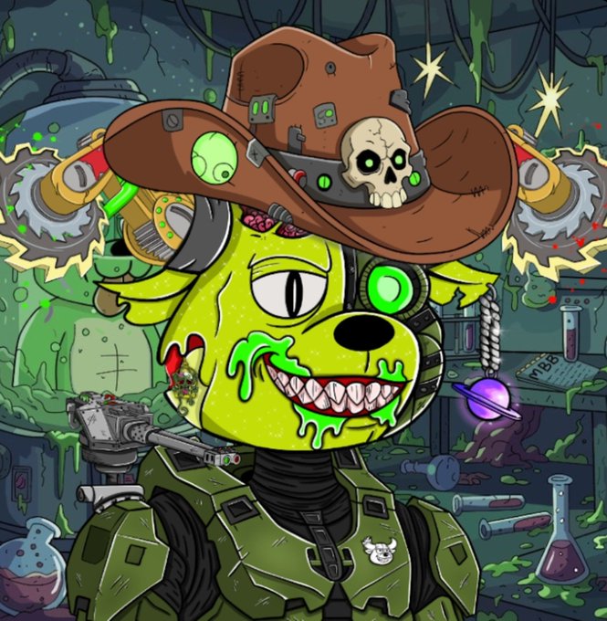 A cartoon illustration of a green, zombie-like bear wearing a cowboy hat with a skull, holding a gun, with glowing green liquid and cybernetic elements.