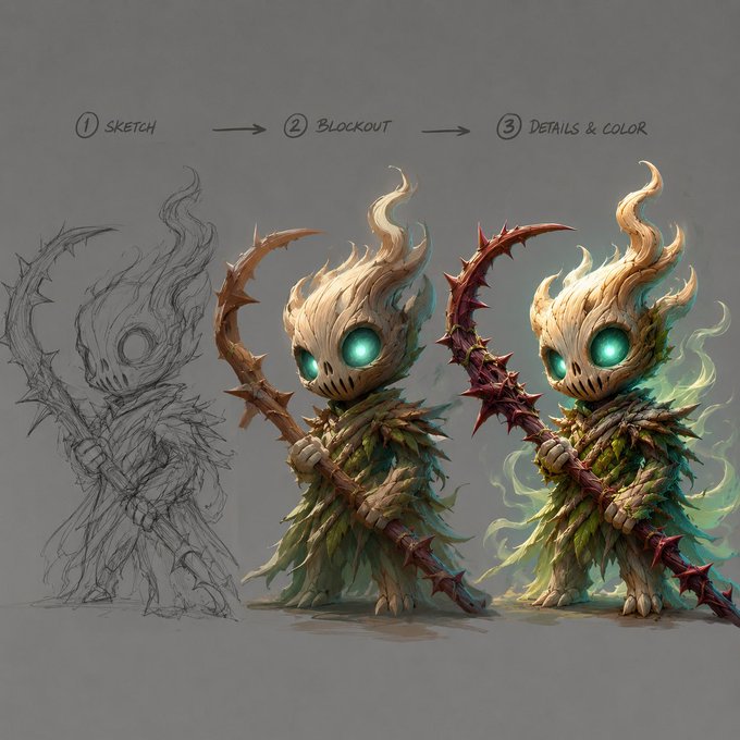 The image showcases a three-step character creation workflow labeled "1 SKETCH," "2 BLOCKOUT," and "3 DETAILS & COLOR," depicting the progression of a flame-wreathed, staff-wielding creature from rough line art to a fully rendered, glowing final piece—illustrating the trial-and-error creative process behind Strope's StropeVerse NFT collection.