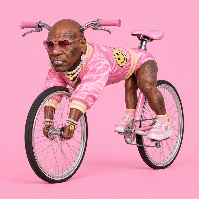 A person in a pink outfit with face tattoos, heart-shaped sunglasses, and smiley face accessories riding a custom pink bicycle against a pink background.