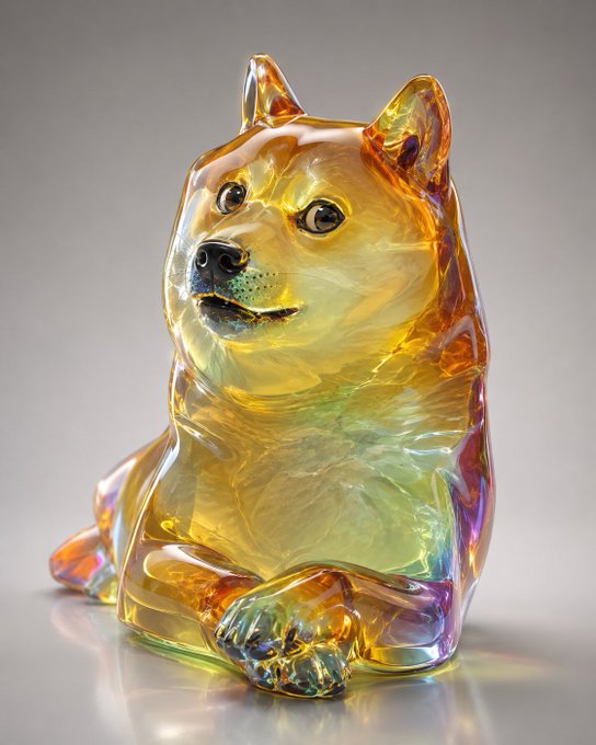 The image features a glass sculpture of a dog, which appears to be made from glass or blown glass material. The dog has an orange hue with some purple elements, giving it a unique and eye-catching appearance. It's sitting on its hind legs, as if posing for the camera. The background is a plain gray color, which contrasts nicely with the vibrant colors of the sculpture. There are no texts present in the image, so there isn't any information about what the post says or where it was posted.