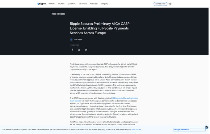 A screenshot of a Ripple press release page titled "Ripple Secures Preliminary MiCA CASP License, Enabling Full-Scale Payments Services Across Europe," dated June 23, 2026, detailing Luxembourg's CSSF approval for the company to operate as a Crypto Asset Service Provider under the EU's MiCA regulation.