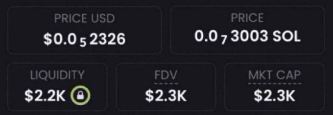 A dark-themed cryptocurrency dashboard displays a token's statistics, showing a price of $0.052326 USD (0.073003 SOL), liquidity of $2.2K, FDV of $2.3K, and market cap of $2.3K. The image highlights a micro-cap token with only $2,000 in market value, which aligns with the post's promotional claim of a coin with a "market value of $2k" promising potential 1000x returns—a common red flag for speculative low-liquidity crypto schemes.