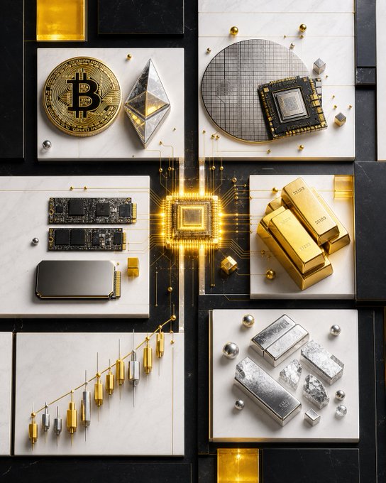 A grid-style composition displays various tradable assets—including a Bitcoin coin, Ethereum diamond logo, microchips/RAM, gold bars, silver bullion, and a candlestick chart—all connected through a glowing central processor, visually reinforcing the "Trade everything" message by showcasing the diversity of markets (crypto, tech stocks, precious metals) accessible from a single platform.
