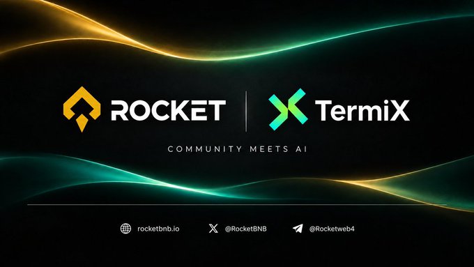 A promotional banner featuring the logos for 'ROCKET' and 'TermiX' side by side with the tagline 'COMMUNITY MEETS AI', and contact details 'rocketbnb.io', '@RocketBNB', and '@Rocketweb4' below.