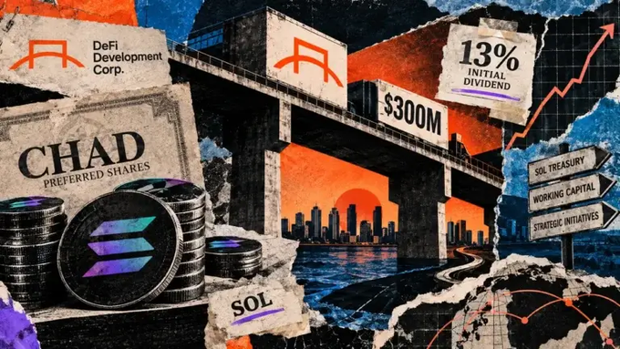 A collage-style promotional graphic features 'DeFi Development Corp.', '$300M', 'CHAD PREFERRED SHARES', '13% INITIAL DIVIDEND', 'SOL', and 'SOL TREASURY / WORKING CAPITAL / STRATEGIC INITIATIVES' text alongside a Solana logo.