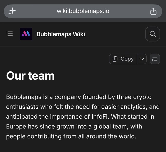 A screenshot of the Bubblemaps Wiki "Our team" page, showing only a vague paragraph stating that "Bubblemaps is a company founded by three crypto enthusiasts" with no individual names disclosed. The screenshot is used to support the post's accusation about Cameron McIntosh by highlighting how little verifiable team information the company provides publicly.
