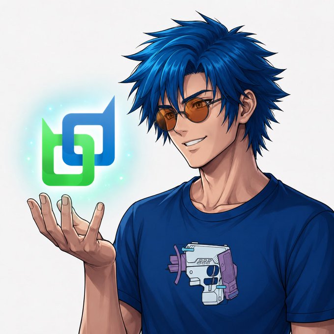 An anime-style illustration of a young man with blue hair and sunglasses, holding up a glowing green and blue logo, wearing a t-shirt with a sci-fi weapon design.