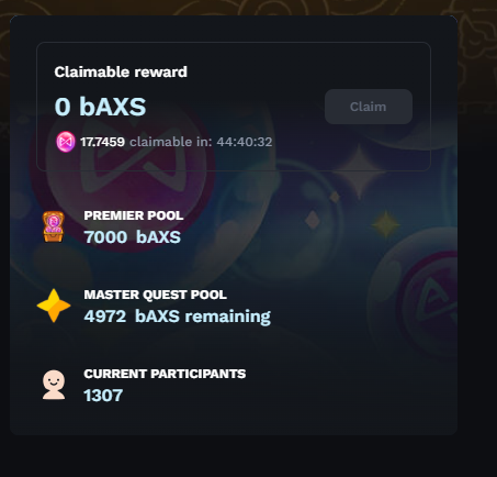 A dark-themed crypto rewards interface showing 'Claimable reward: 0 bAXS' with a Premier Pool of 7000 bAXS and 1307 current participants.