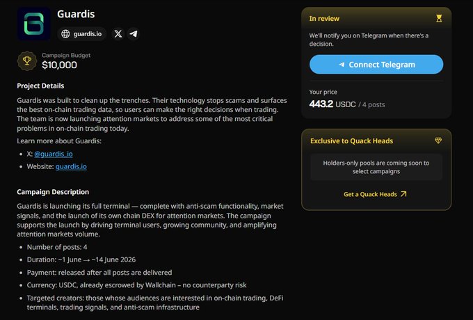 The image shows a screenshot of a website called "Guardis". It appears that there are two posts on this site, one of which is about a campaign description. The other post seems to be related to a specific project details page. The text in the image reads "Gquack @wallchain 279 score and paid for me 443$ = 4 post Really?". This message might be an advertisement or promotional content related to the website's services, such as the campaign described on Guardis' site.