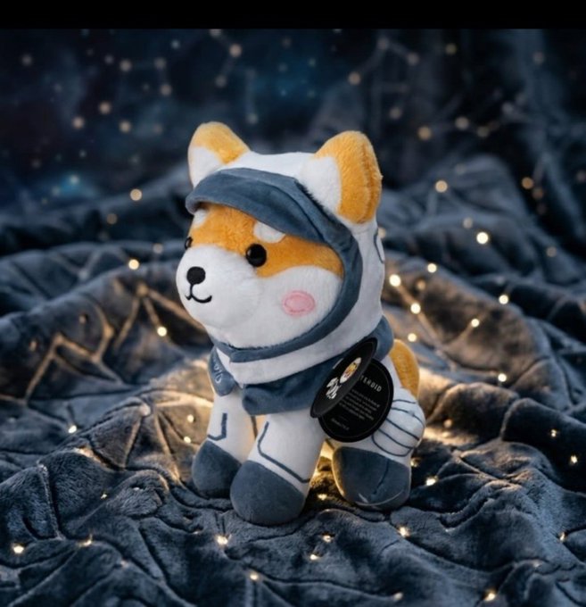 A plush Shiba Inu dog toy wearing a blue hooded outfit, sitting on a star-patterned blanket surrounded by fairy lights.