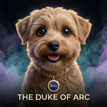 A digital illustration of a fluffy tan puppy wearing an 'Arc' collar medallion, with the text 'THE DUKE OF ARC' below it.