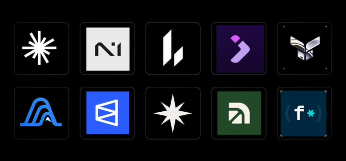 A grid of ten square icons or logos on a black background, featuring stylized designs in white, blue, green, and purple, including symbols resembling a starburst, a wave, a letter 'h', and a purple arrow.