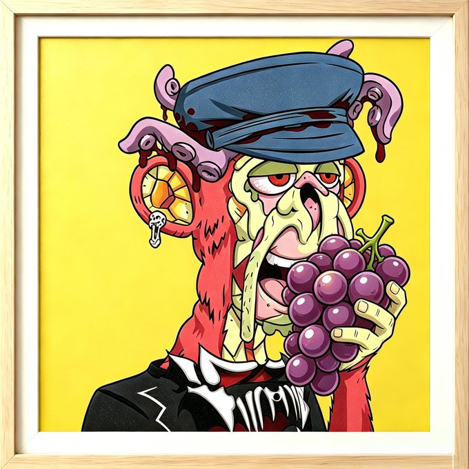 A framed pop-art style illustration of a zombie-like character with green dripping skin, a blue cap, a red suit, and a chain earring, eating purple grapes against a yellow background.