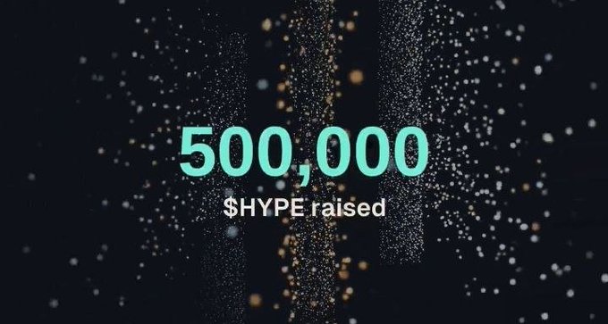 A graphic displays the text '500,000 $HYPE raised' in light blue and white against a dark, sparkling background.