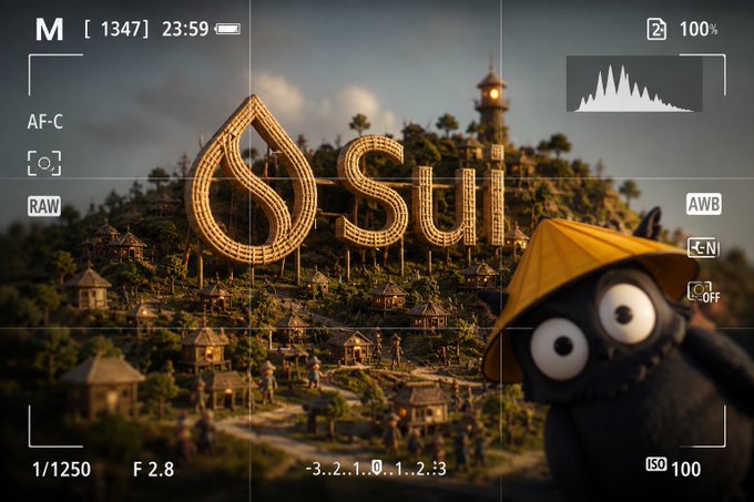 Viewfinder-style image showing the Sui logo over a mountainous village, with a cute wide-eyed character wearing a conical hat in the foreground.